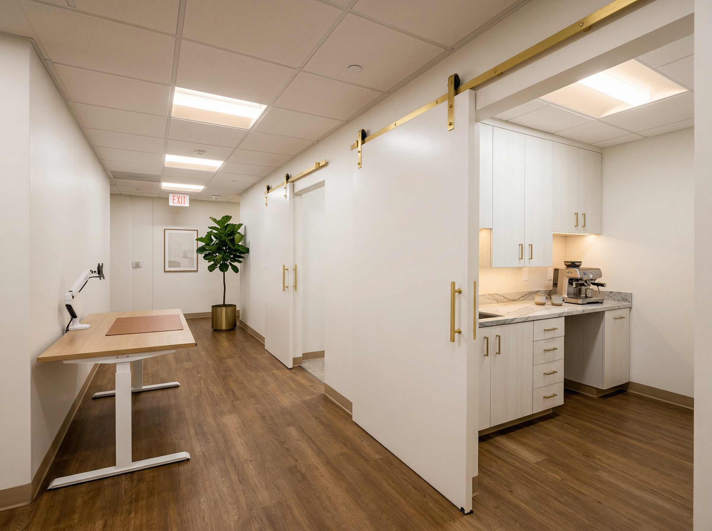 Management office with barn doors and custom millwork