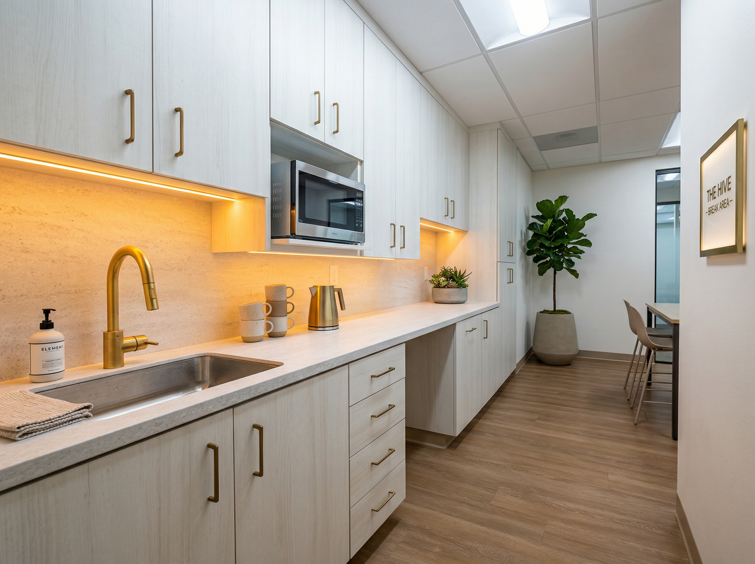 Modern office breakroom with custom cabinetry